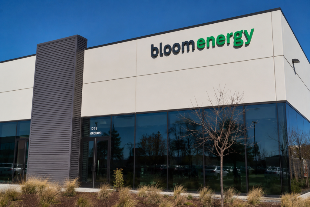 Bloom Energy stock forms island reversal amid Project Jupiter risks Bloom Energy logo displayed on the exterior of a modern office building