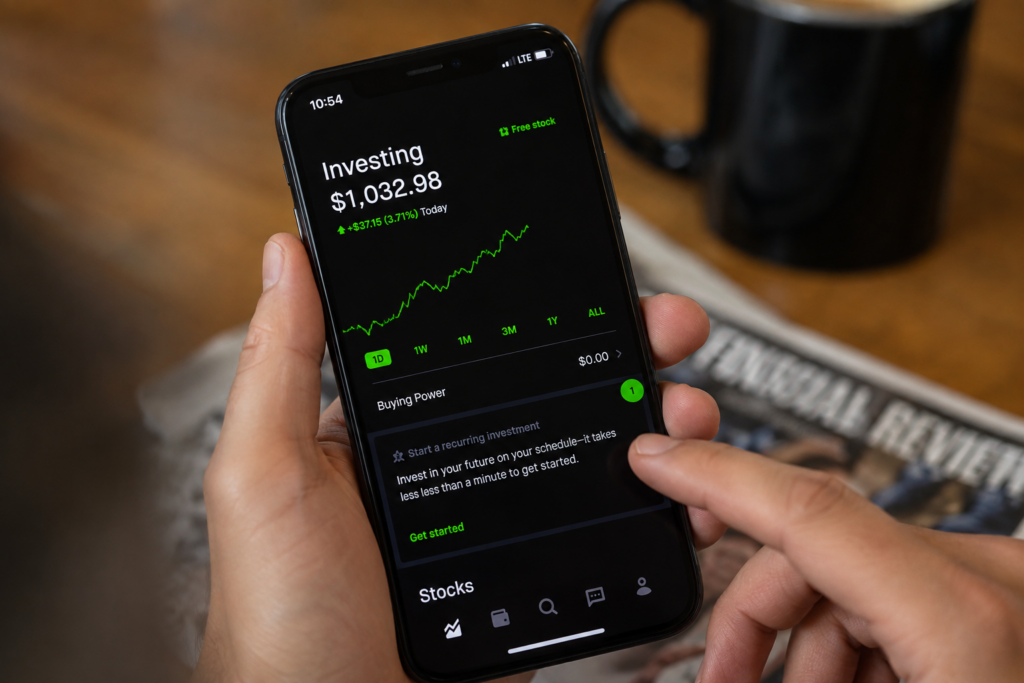 What’s next for Robinhood stock as valuation concerns remain? A person using Robinhood app on phone